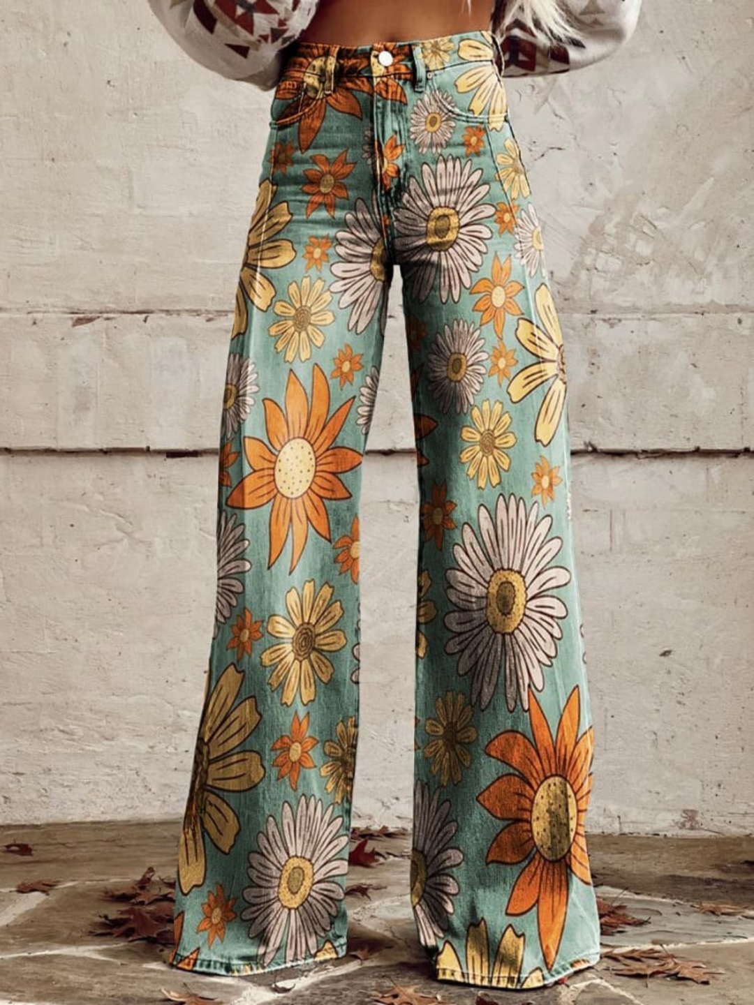 Women's wide leg floral print jeans, high waist denim, casual fashion, comfortable statement piece