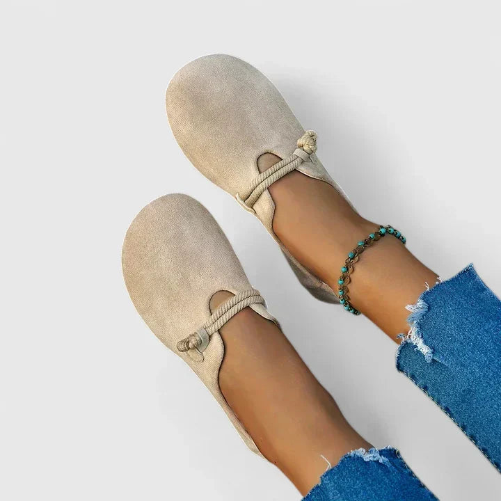 Stylish women's wide toe box comfort flats, ideal travel shoes. Foot-friendly slip-on loafers with rope strap.