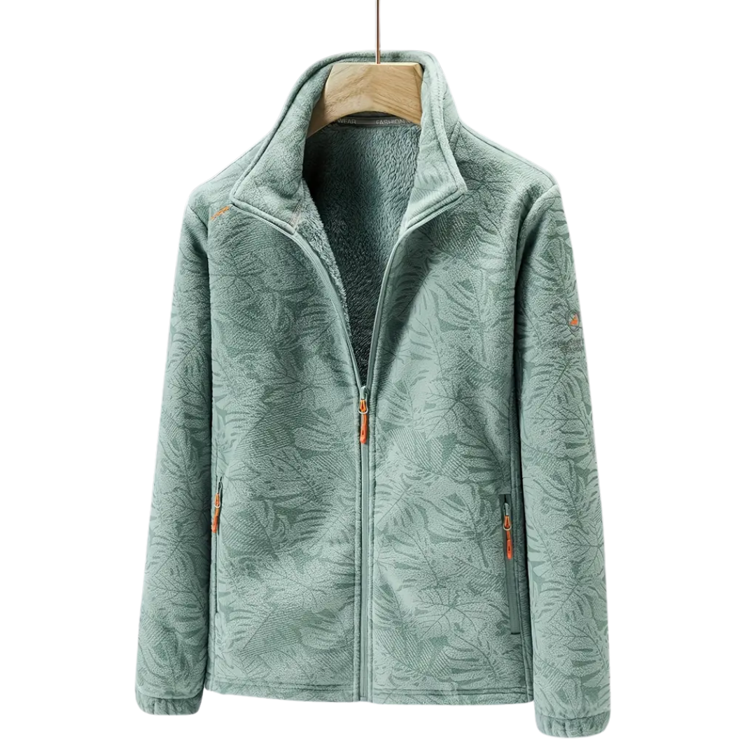 Women's windproof outdoor jacket with botanical print, ideal for hiking & fall fashion.