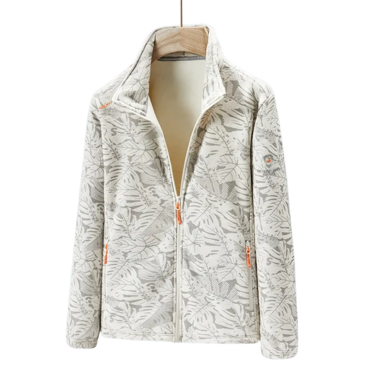 Warm ladies outdoor jacket, windproof, featuring a stylish botanical print for winter apparel.