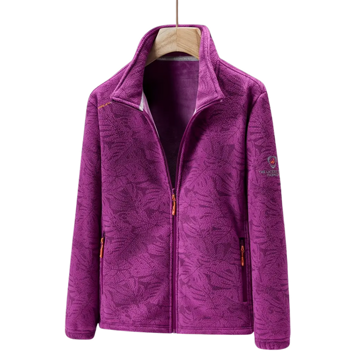 Full-zip women's windproof outdoor jacket with elegant botanical print, great for autumn hiking.