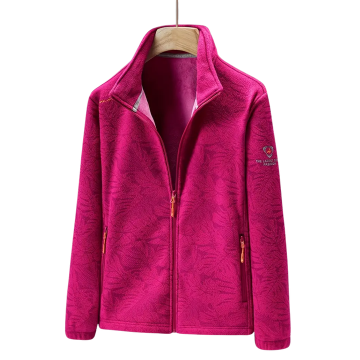 Durable women's hiking jacket, windproof, with unique botanical pattern, ideal for cool weather.