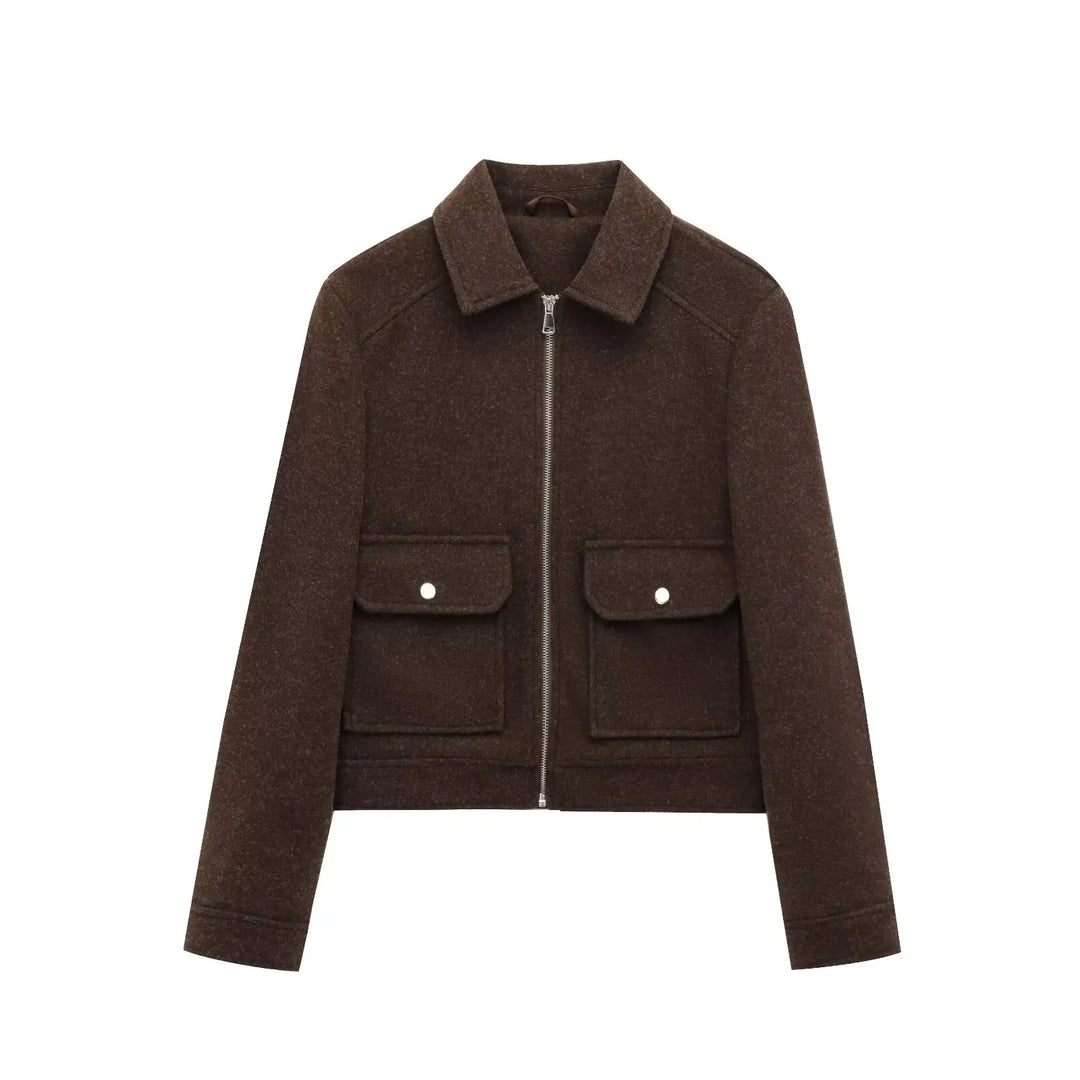 Back view of women's wool bomber jacket, showcasing the versatile design and casual outerwear style.