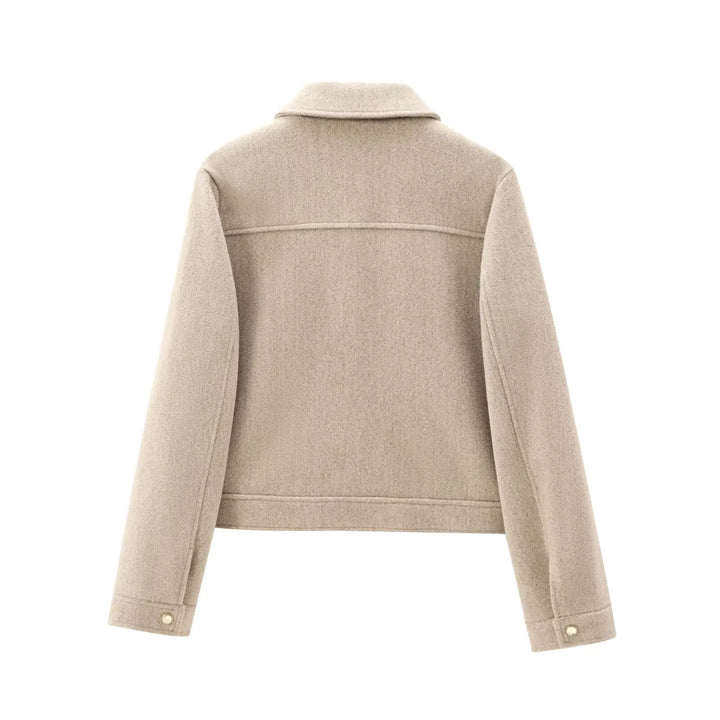 Side view of the women's zippered wool bomber jacket, highlighting its comfortable fit and warm material.