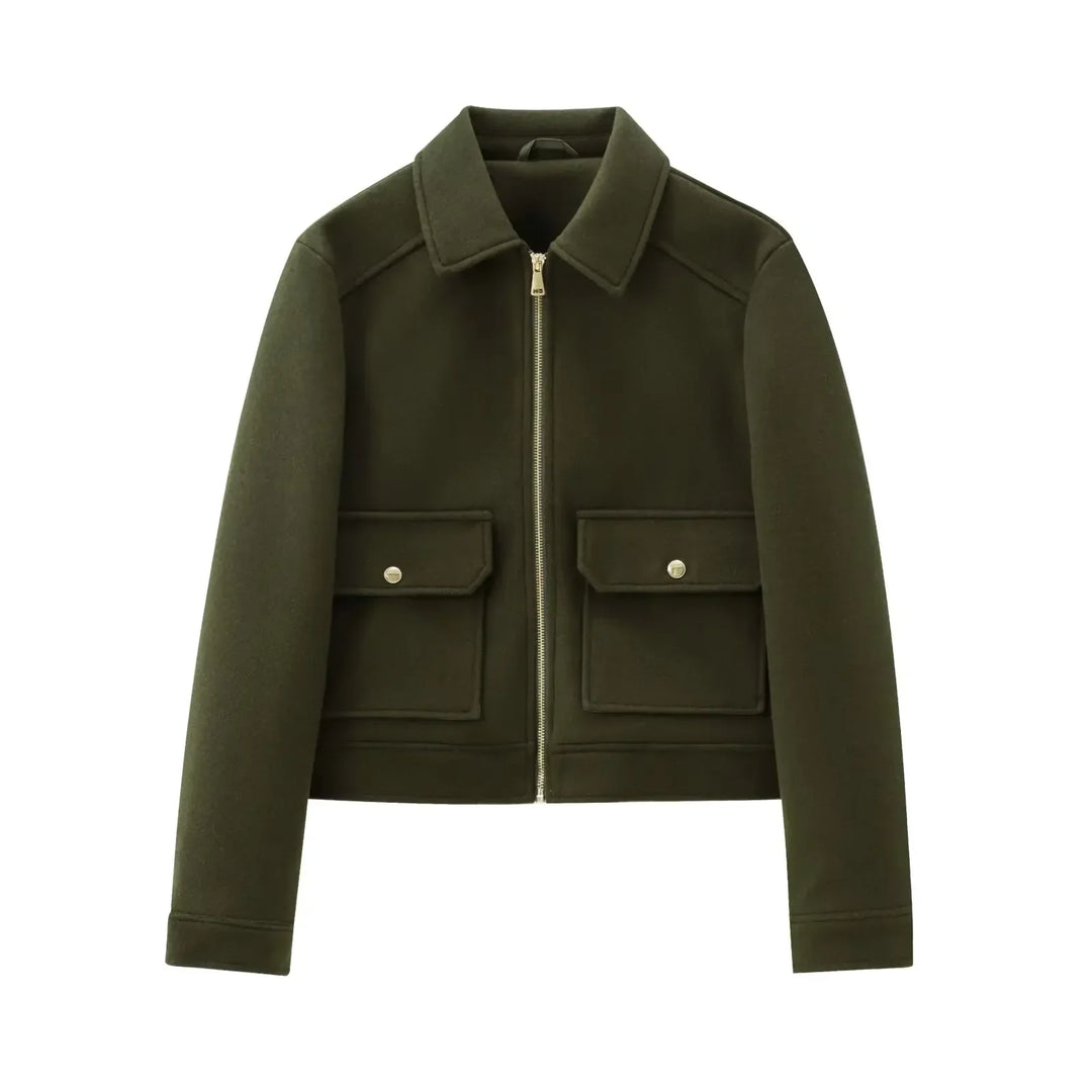 Women's fashion jacket: a wool bomber in a dark color, laid flat to show its classic design and silhouette.