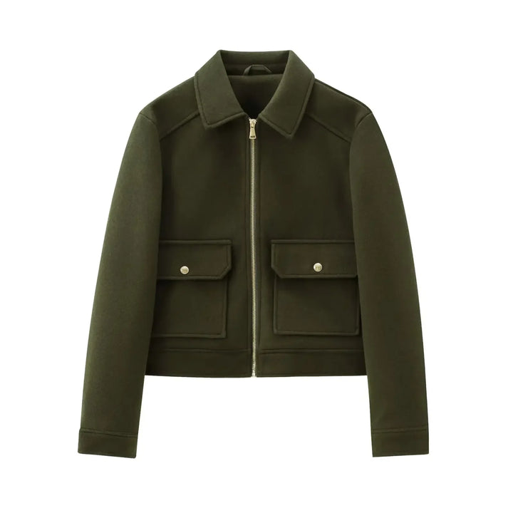 Women's fashion jacket: a wool bomber in a dark color, laid flat to show its classic design and silhouette.