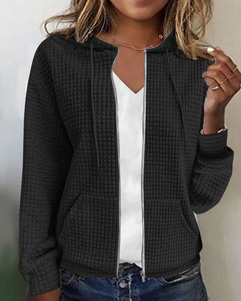 Stylish women's zippered leisure jacket with practical pockets & adjustable drawstring, perfect for fall, spring, and winter.