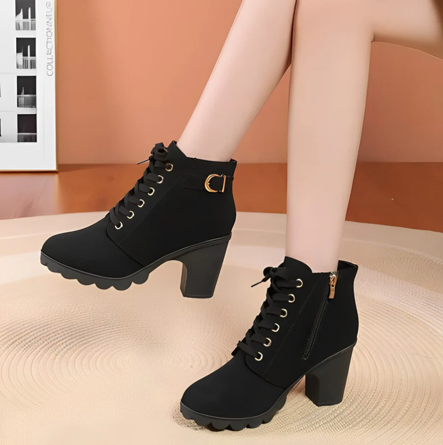 Trendy Yeda women's heeled ankle boots. Versatile lace-up design with a thick sole for fall fashion.