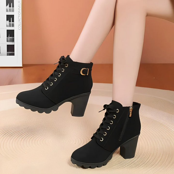 Trendy Yeda women's heeled ankle boots. Versatile lace-up design with a thick sole for fall fashion.