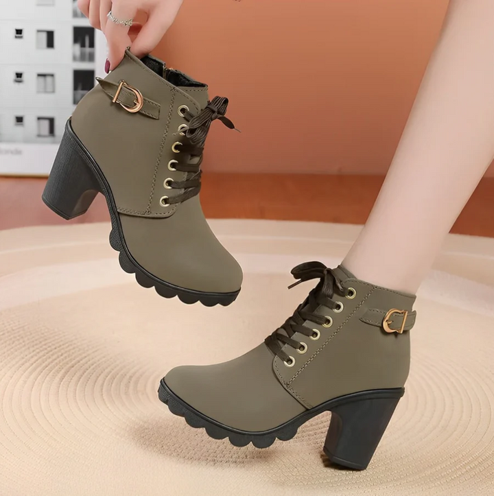 Chic Yeda lace-up ankle boots. Features a sturdy thick heel & sole, perfect women's winter boots.