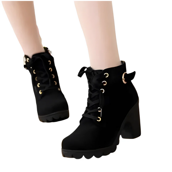Statement Yeda women's heeled boots. Trendy lace-up ankle boots with a bold thick sole, versatile for winter.