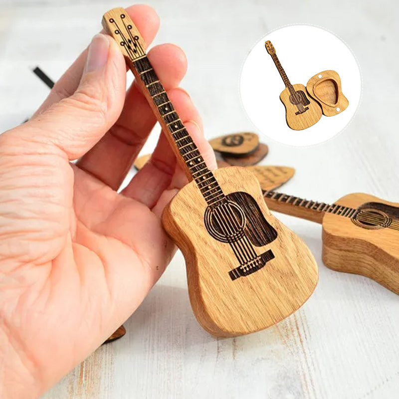 Wooden acoustic guitar pick holder box, elegant storage for guitarists.