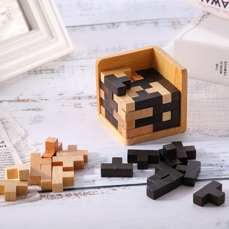 Wooden brain teaser puzzle game for all ages, intricate interlocking design, educational fidget toy