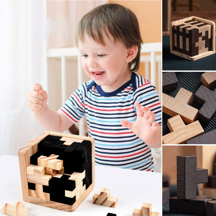 Wooden brain teaser puzzle on a rustic wooden table, aesthetic and an intelligence toy