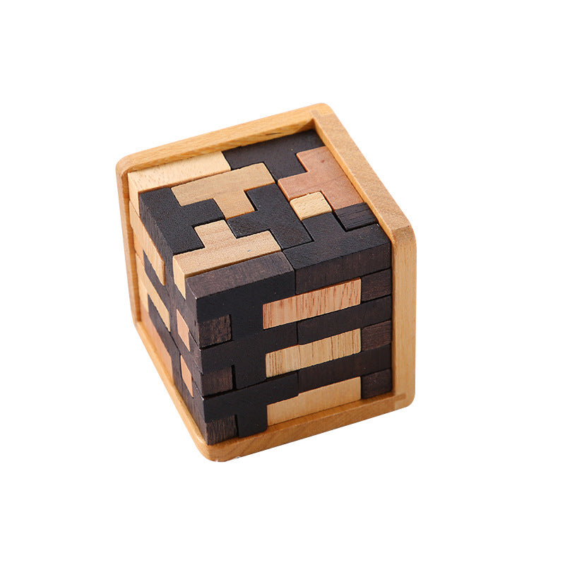Solving a wooden brain teaser puzzle step-by-step, demonstrating problem-solving process