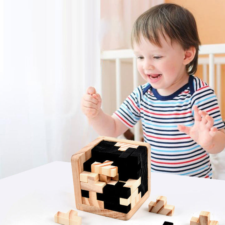 Adult hands engaging with a wooden brain teaser, perfect intelligence toy & stress reliever