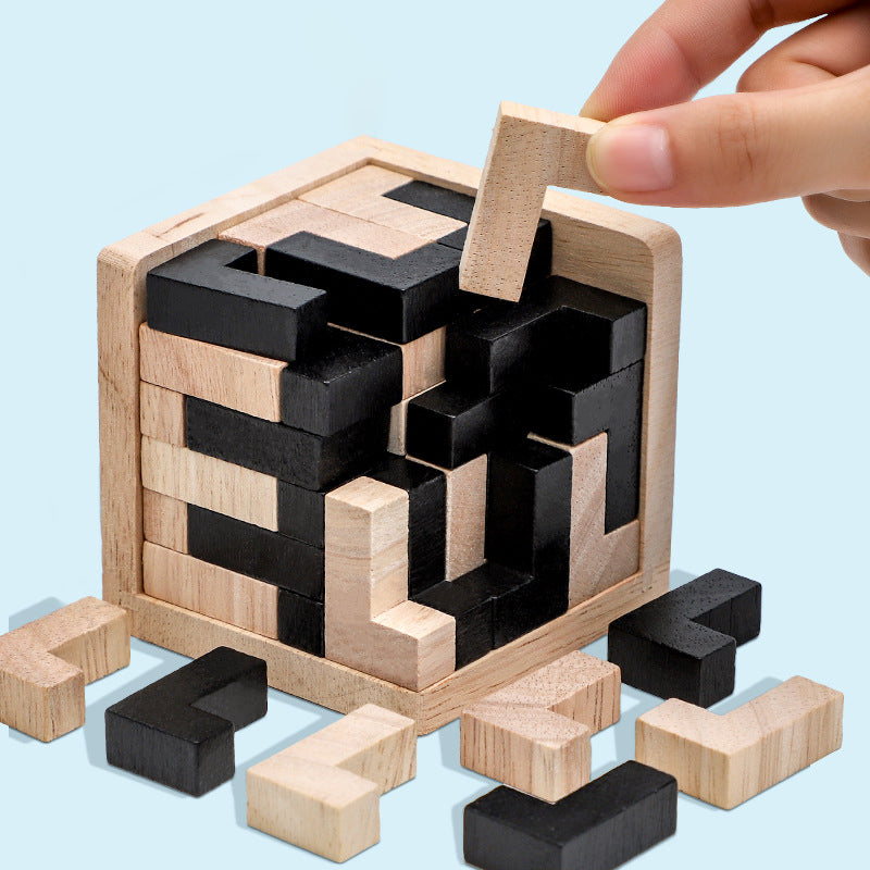 Different angles of a complex wooden brain teaser, showcasing its detailed design & fidget toy appeal