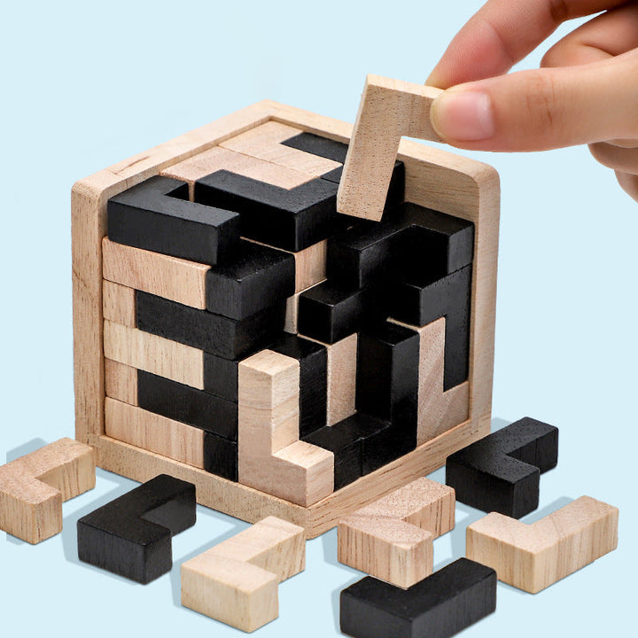 Different angles of a complex wooden brain teaser, showcasing its detailed design & fidget toy appeal