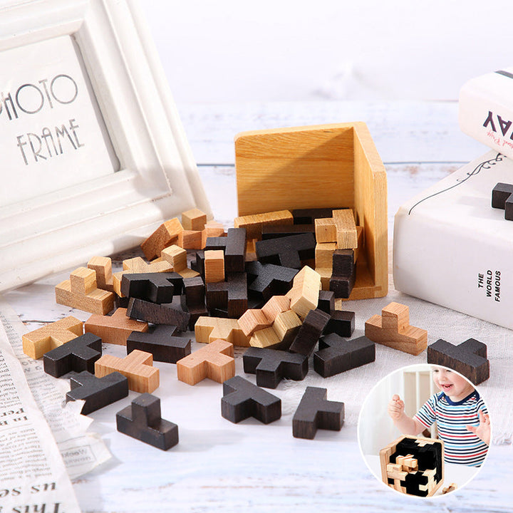 Group of friends playing with wooden brain teasers, a fun and engaging logic game for all ages