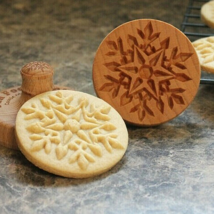 Rustic wooden cookie stamp tool, ideal for creating decorative cookies and pastries