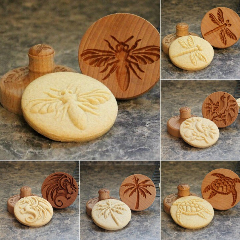 Kitchen baking essential: a wooden cookie embossing stamp for elegant dessert decorations