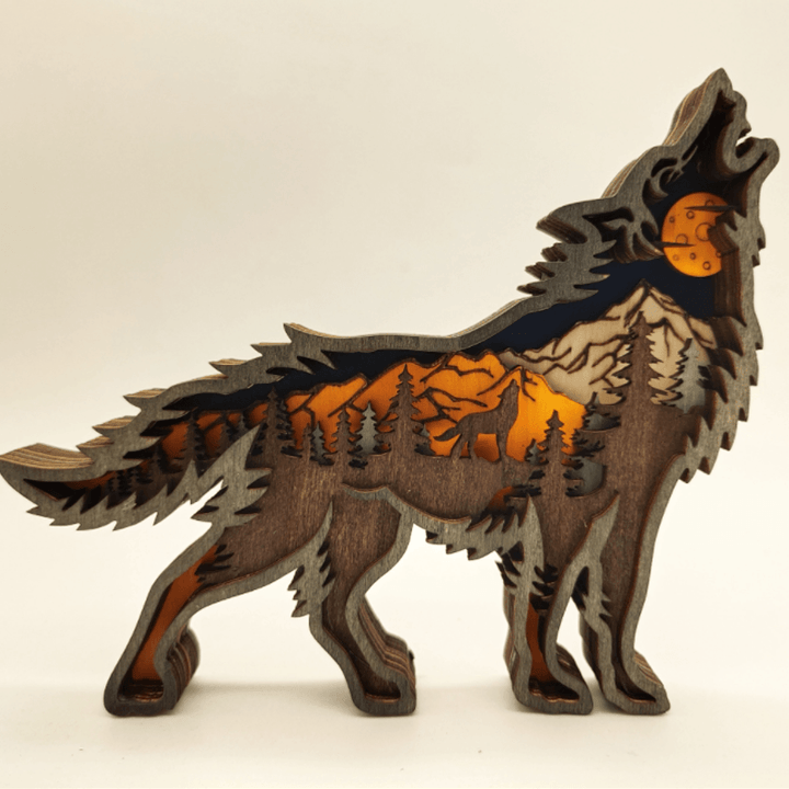 Wooden forest animal art decor, featuring a bear sculpture against a natural background