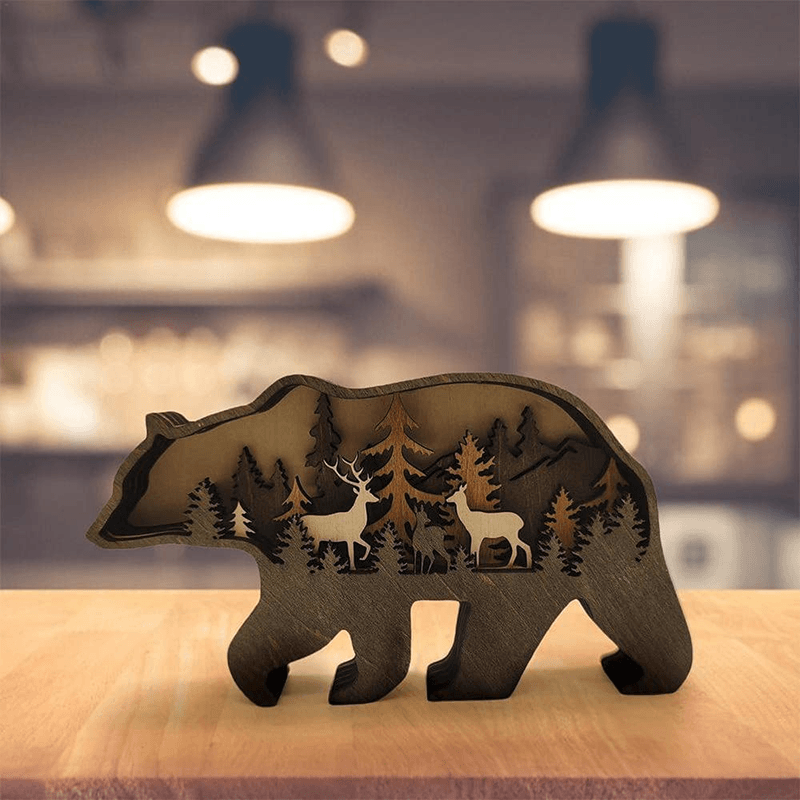 Set of wooden forest animals featuring elk, bear, and wolf, artistic home decor gifts