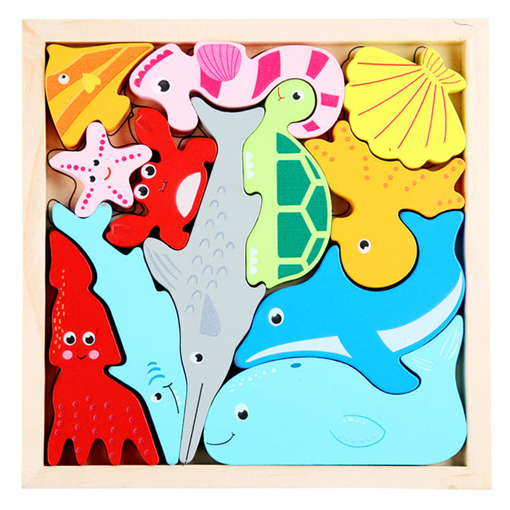Toddler grasping wooden puzzle pieces, developing pincer grip and hand-eye coordination