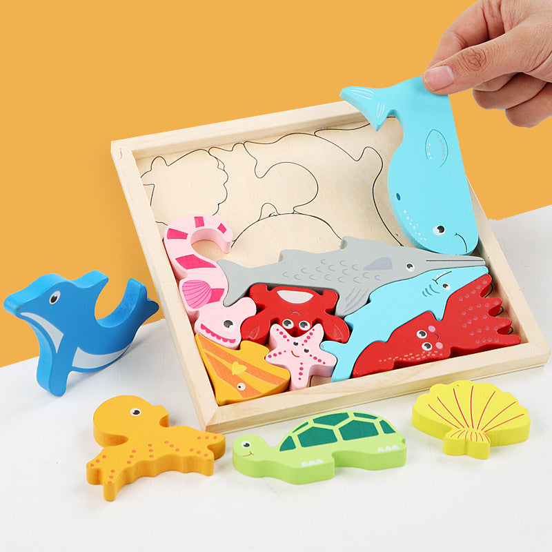 Toddler holding a wooden puzzle piece, developing fine motor skills with educational toy