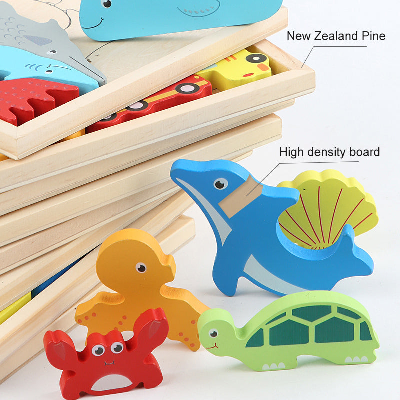 Set of wooden jigsaw puzzles for stacking, learning animals, colors and shapes, kid-safe toy