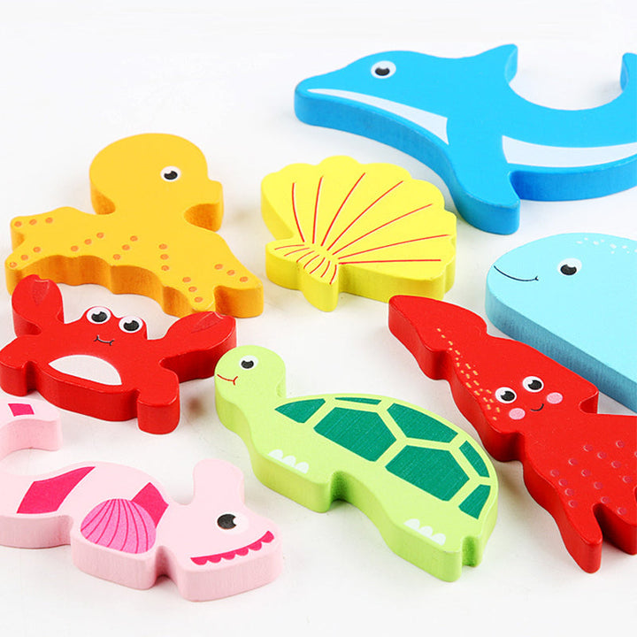 Child enjoying a wooden animal puzzle, enhancing cognitive skills and hand-eye coordination