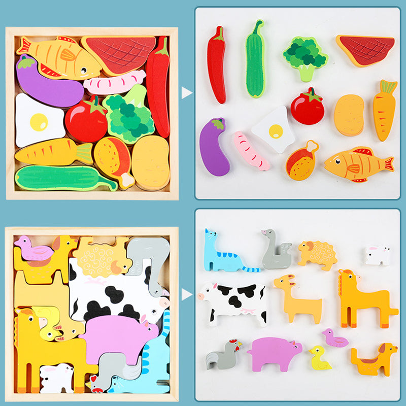 Variety of wooden puzzles for toddlers, featuring different animals and vehicles, matching game