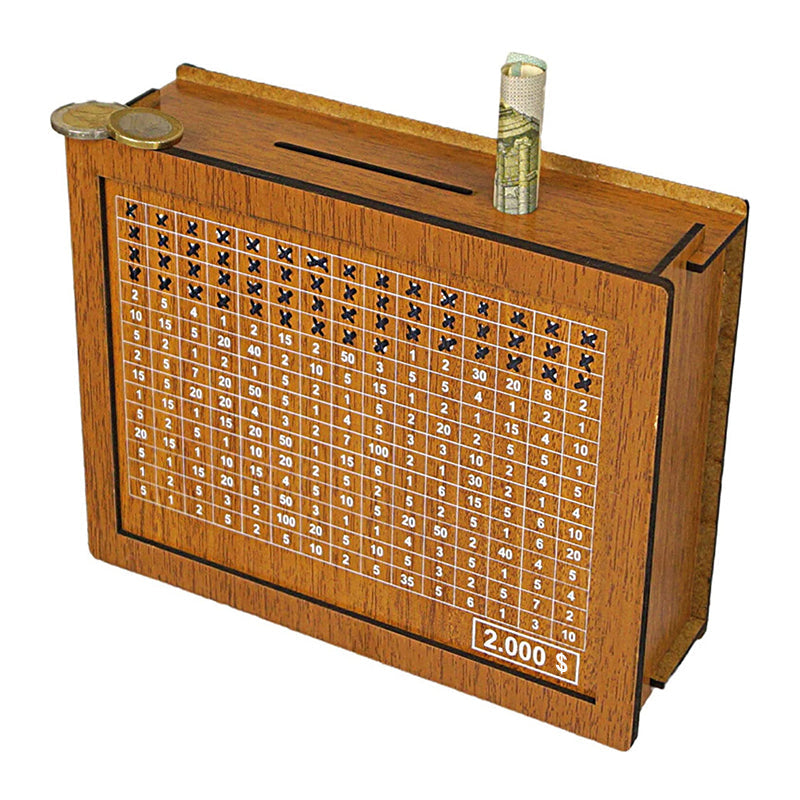 Close-up of the natural wood grain on a money savings box, emphasizing its quality and durability