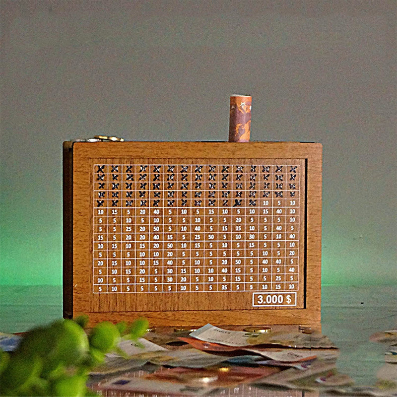 Top-down view of a wooden money box, highlighting the coin slot and goal counter in one frame