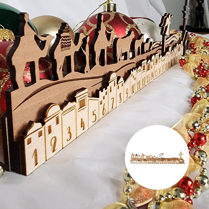 Wooden Nativity Christmas Advent Calendar with 24 numbered doors, featuring Mary, Joseph, and baby Jesus