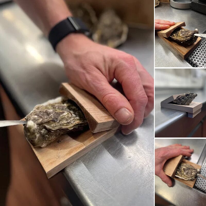 Wooden oyster shucking clamp for safe and easy seafood prep, kitchen safety tool