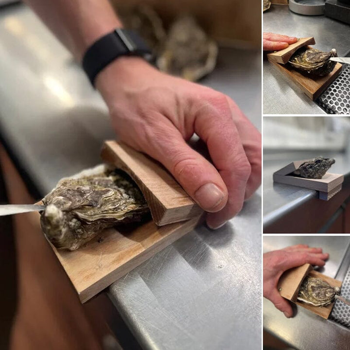 Wooden oyster shucking clamp for safe and easy seafood prep, kitchen safety tool