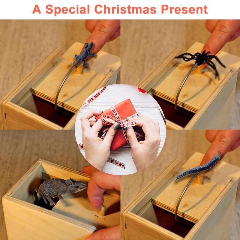 Party trick: wooden scare box releasing a rubber spider, perfect for joke lovers