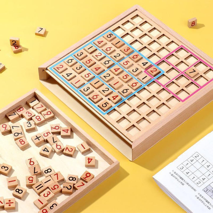 Mahogany-stained wooden Sudoku puzzle with number tiles, an engaging educational family game
