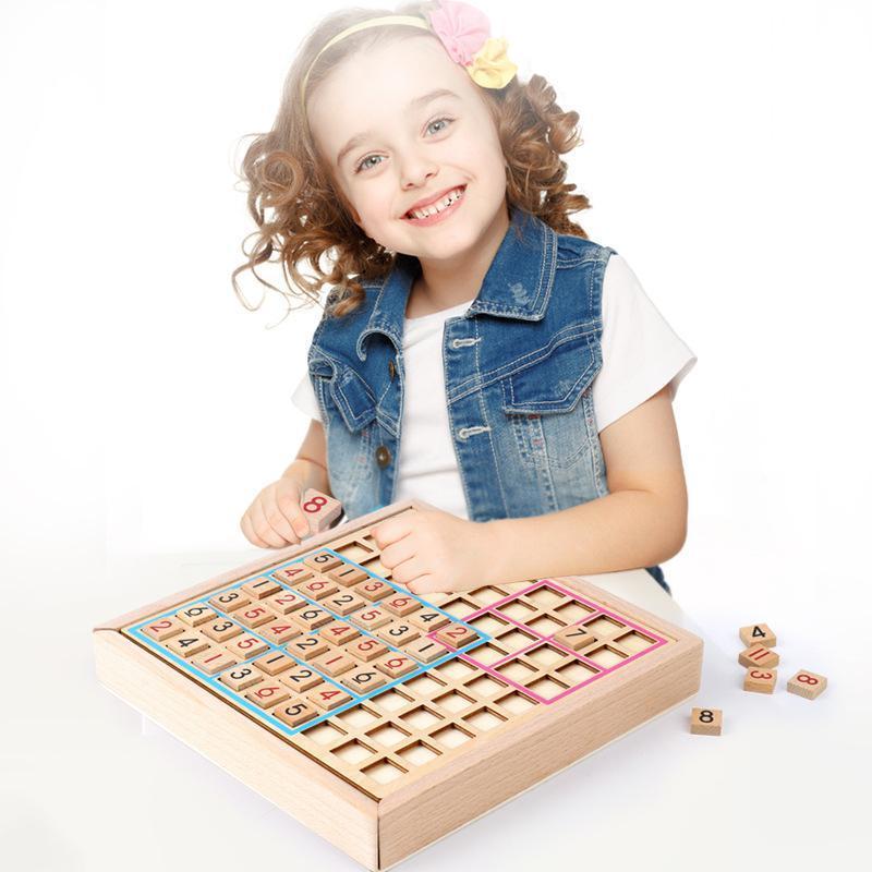 Close-up of a wooden Sudoku board with a few numbers placed, a fun strategy game for all ages