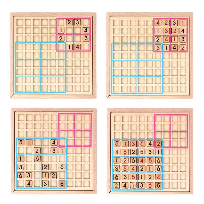 Aerial view of a wooden Sudoku game in progress, a timeless strategy puzzle for cognitive development