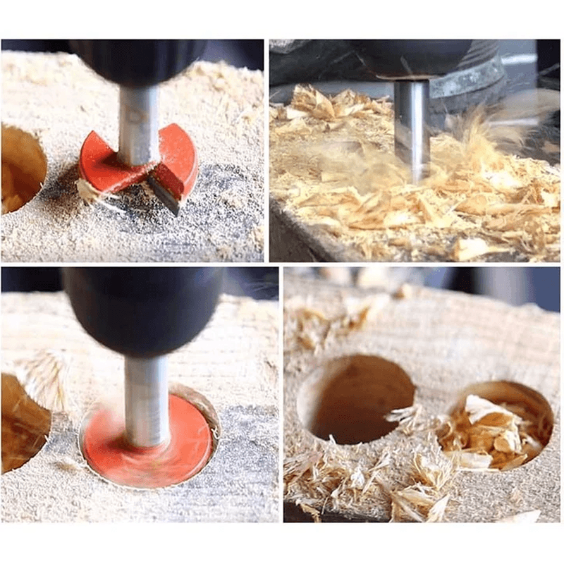 Close-up of a Forstner drill bit cutting a smooth, flat-bottomed hole in wood.