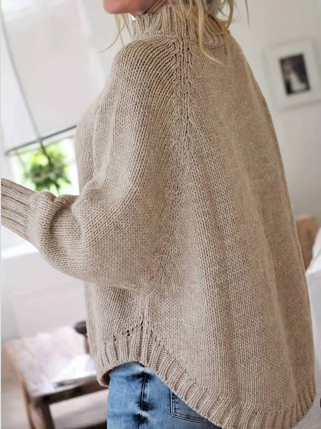 Wren women's patterned sweater, a cozy high neck, oversized, batwing sleeve top for fall fashion.