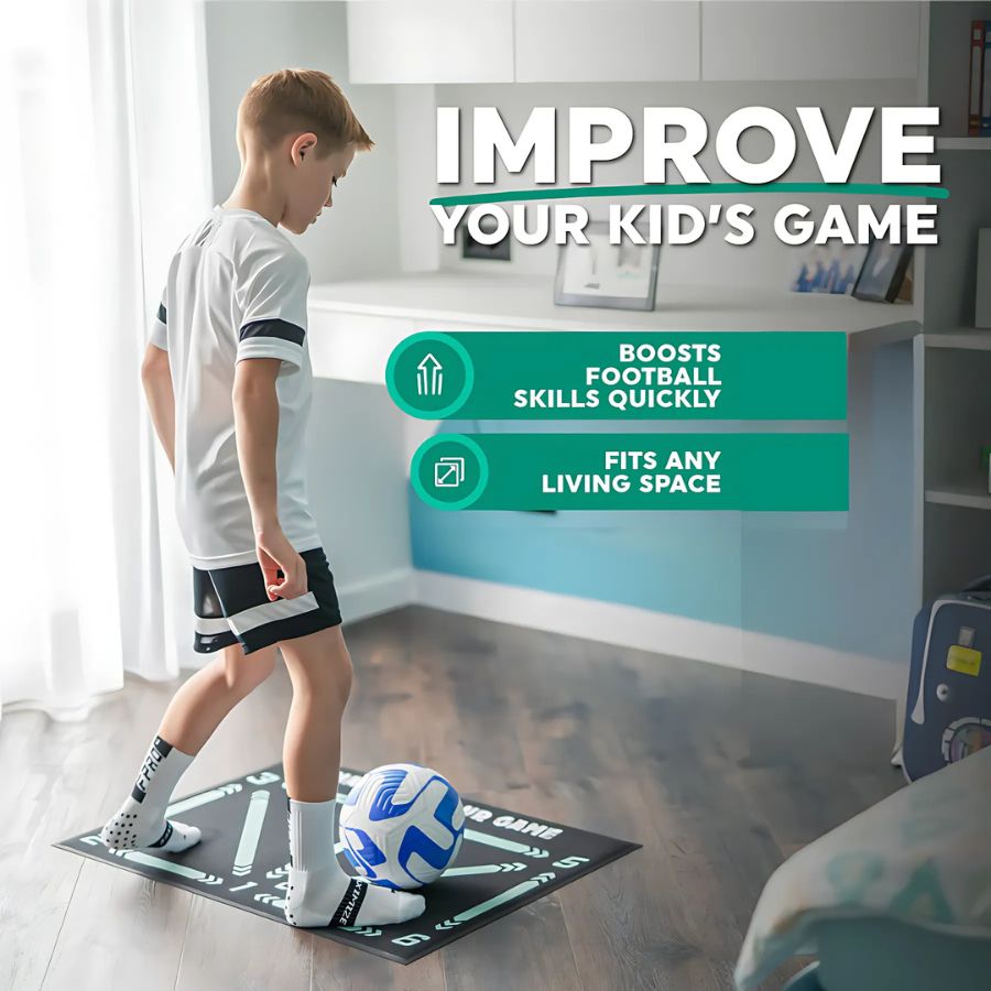 Youth athletic training mat with video coaching, enhancing football/soccer drills & agility for home use.
