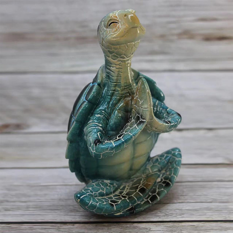 Close-up of a meditating sea turtle statue, detailed resin, tranquil home decor accent piece