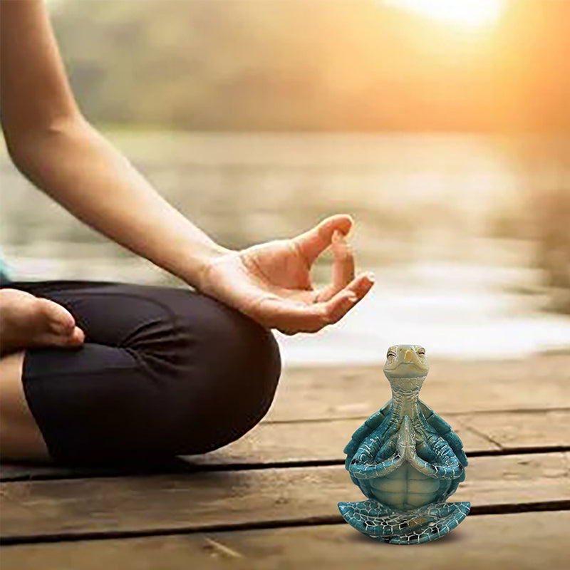 Stylized sea turtle statue in yoga pose, zen meditation, resin, unique decorative gift item